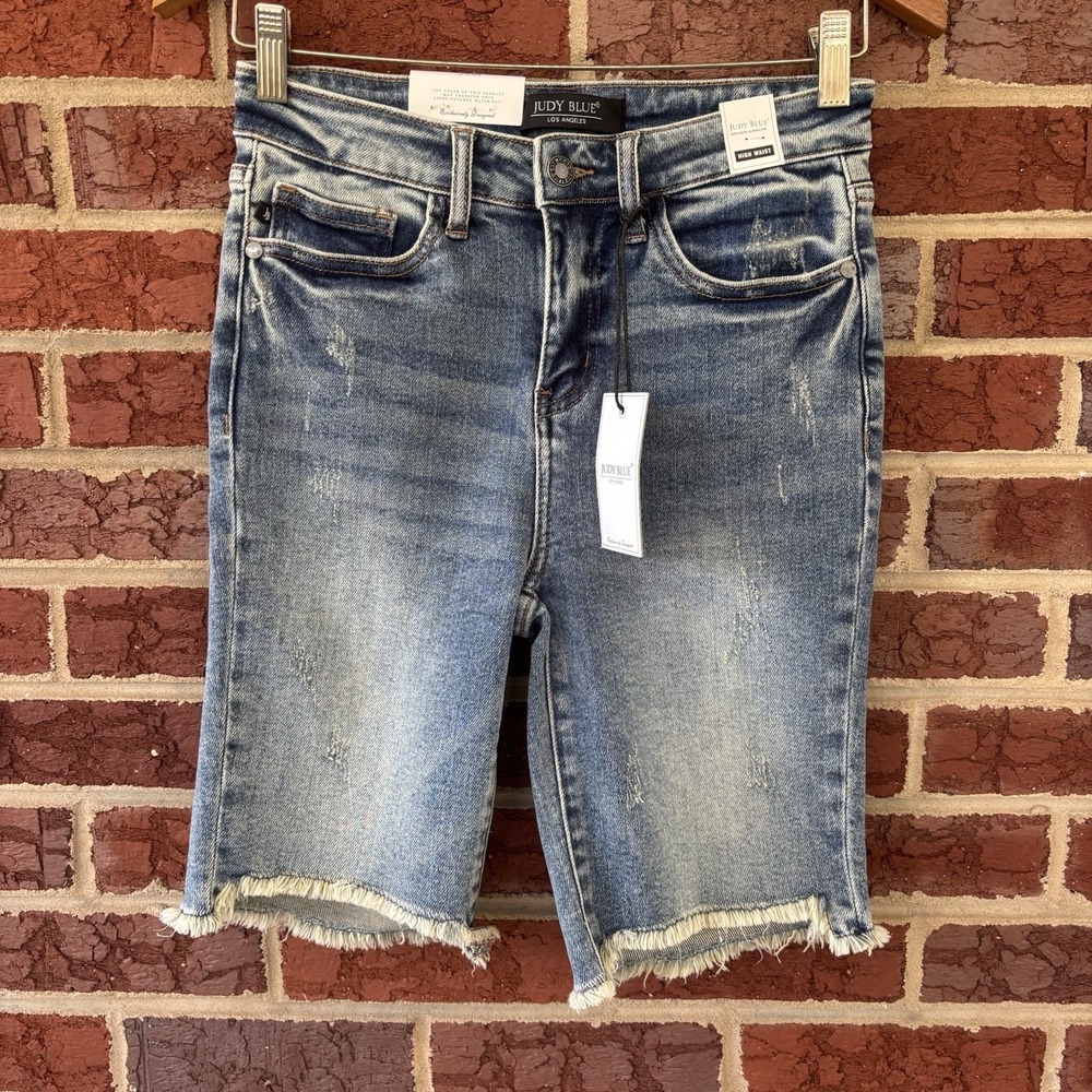 Judy Blue High Waist Denim Shorts Women's Small Burmuda Blue Frayed Hem JB150030